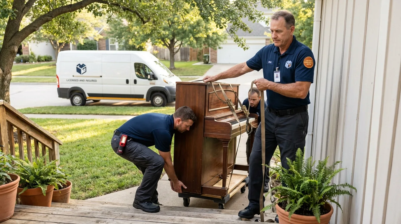 Licensed piano movers securing grand piano in Avondale Estates, GA
