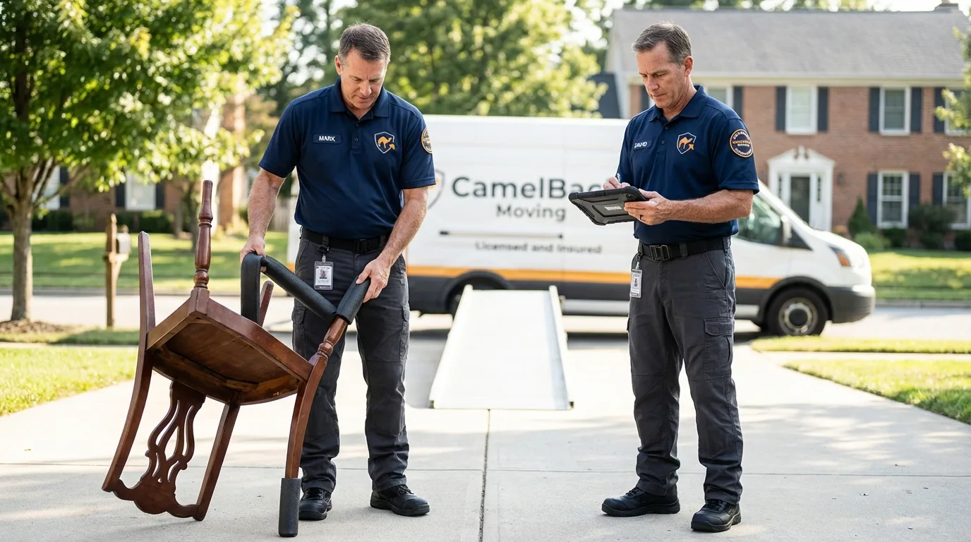 Movers inspecting furniture for damage prevention before loading in Avondale Estates, GA