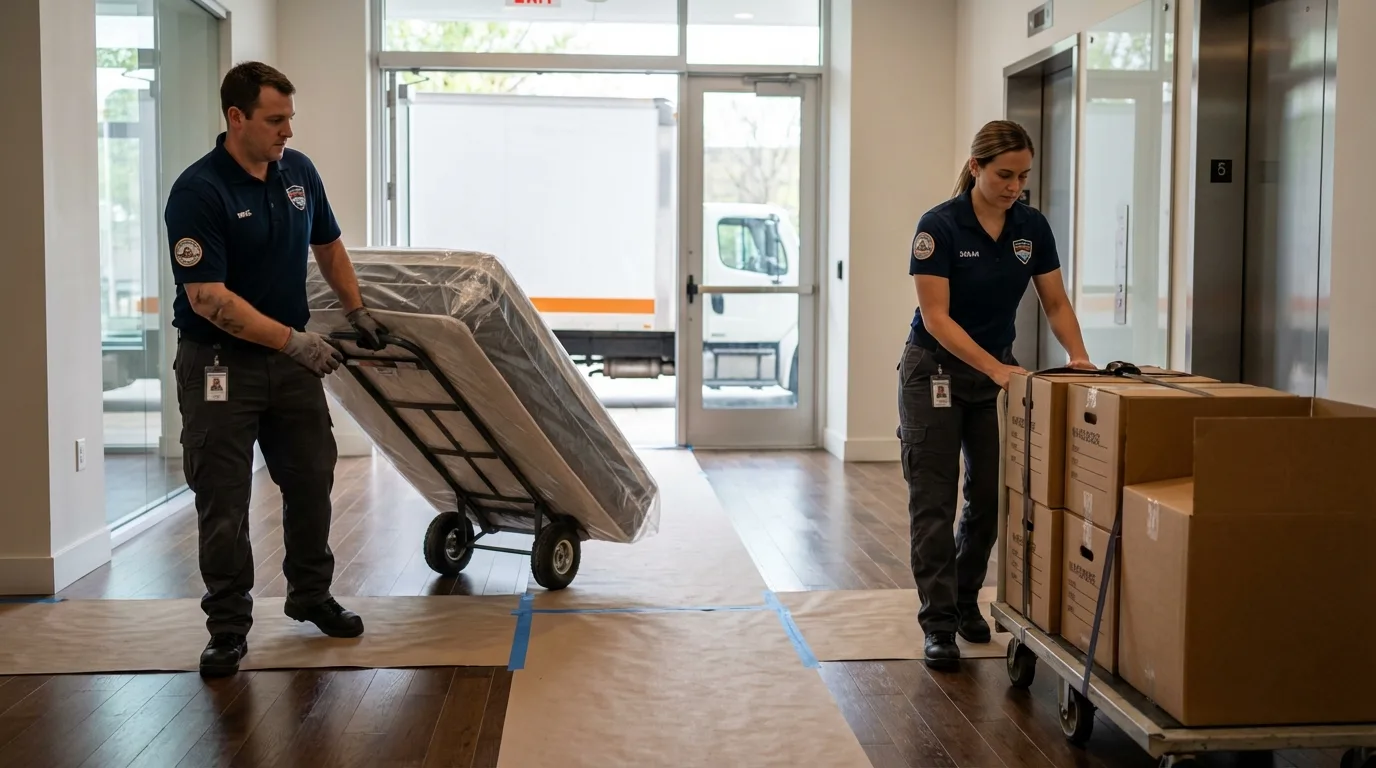 Professional apartment movers loading elevator in Avondale Estates, GA